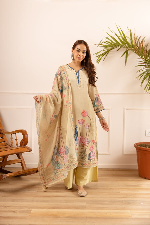 Nehamta Women's Pastel Yellow Natural Linen Kurta With Palazzo & Dupatta set