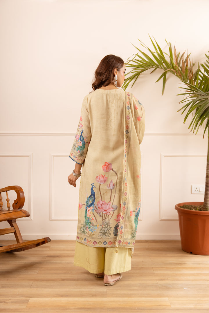 Nehamta Women's Pastel Yellow Natural Linen Kurta With Palazzo & Dupatta set