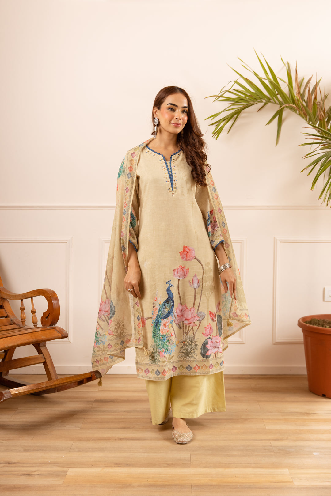 Nehamta Women's Pastel Yellow Natural Linen Kurta With Palazzo & Dupatta set