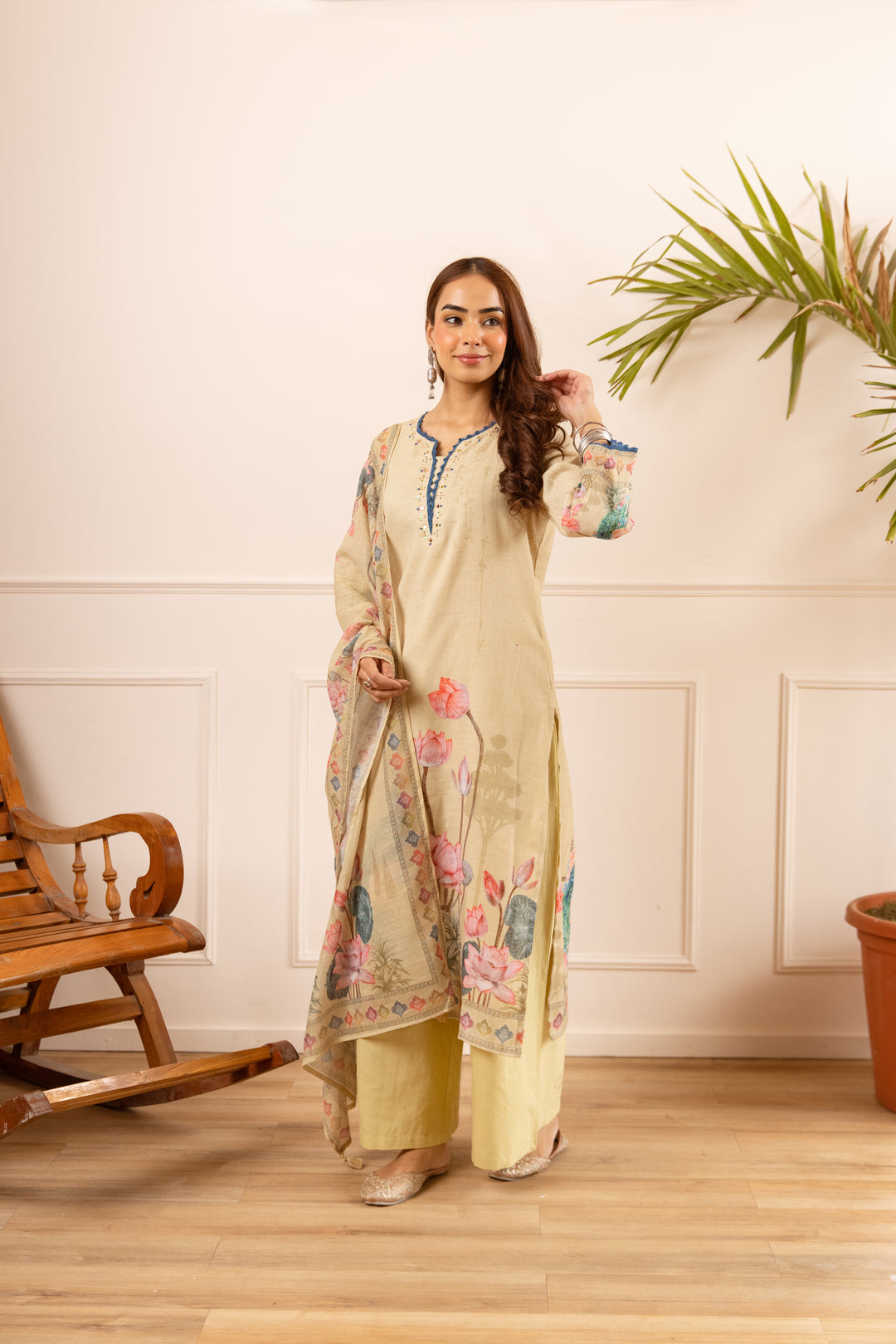 Nehamta Women's Pastel Yellow Natural Linen Kurta With Palazzo & Dupatta set