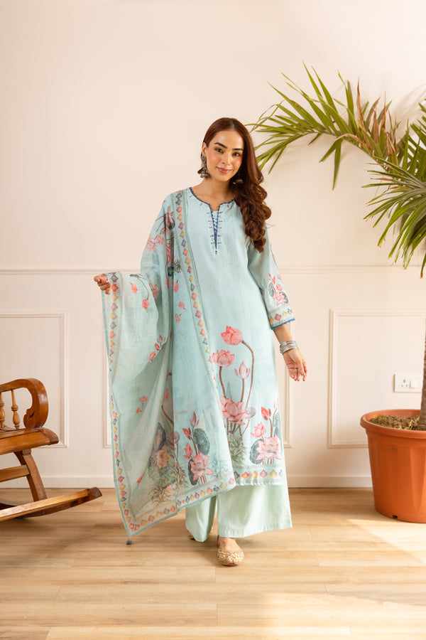 Nehamta Women's Light Green Natural Linen Kurta With Palazzo & Dupatta set