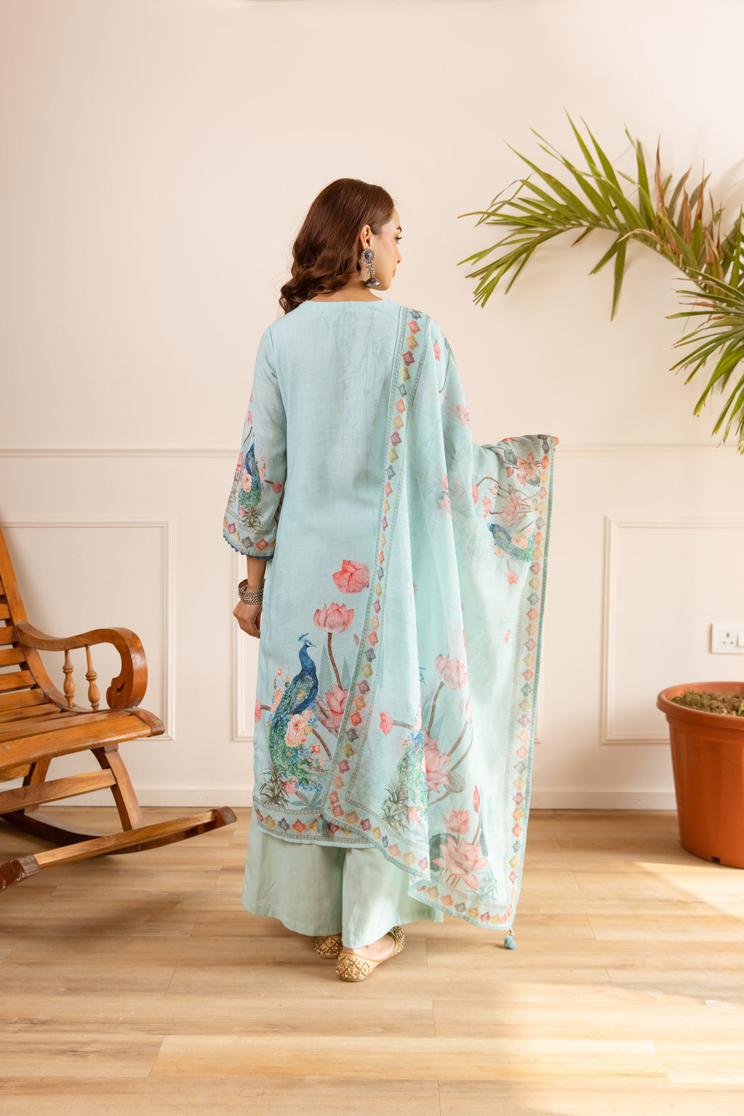 Nehamta Women's Light Green Natural Linen Kurta With Palazzo & Dupatta set