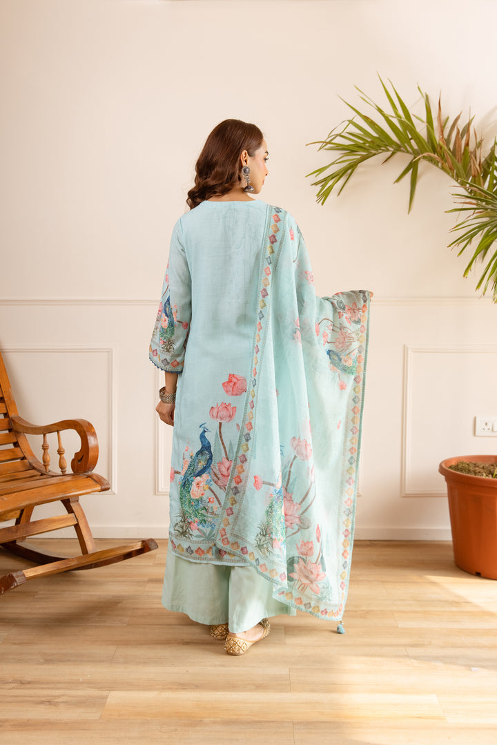 Nehamta Women's Light Green Natural Linen Kurta With Palazzo & Dupatta set