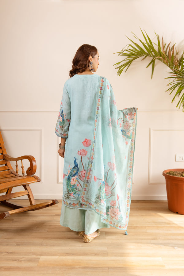 Nehamta Women's Light Green Natural Linen Kurta With Palazzo & Dupatta set