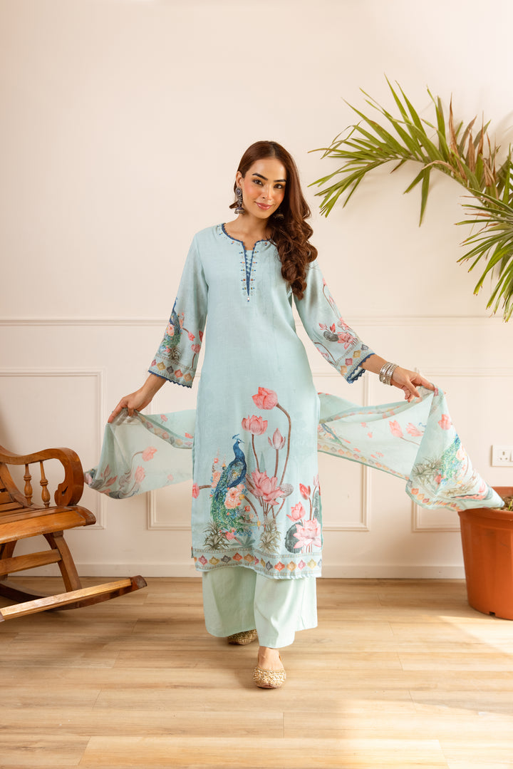 Nehamta Women's Light Green Natural Linen Kurta With Palazzo & Dupatta set
