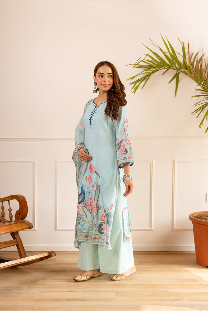 Nehamta Women's Light Green Natural Linen Kurta With Palazzo & Dupatta set