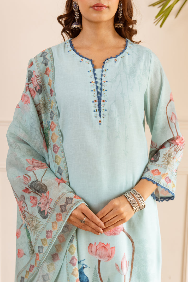 Nehamta Women's Light Green Natural Linen Kurta With Palazzo & Dupatta set