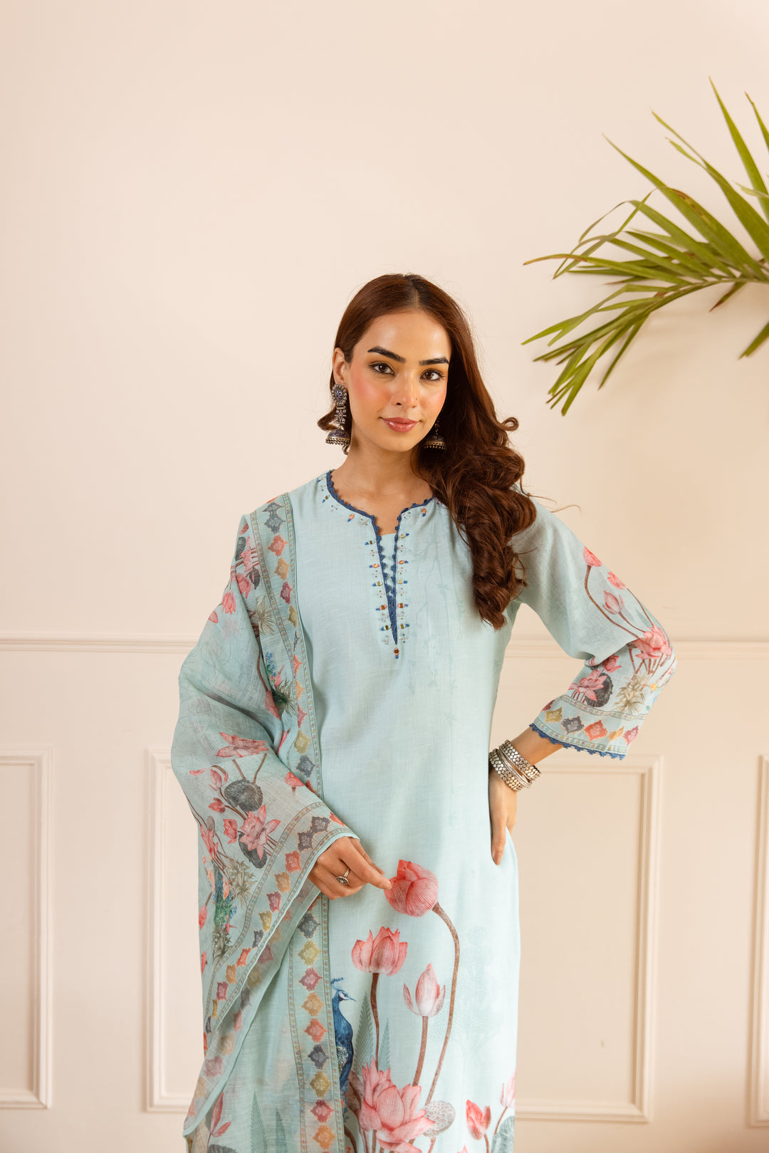 Nehamta Women's Light Green Natural Linen Kurta With Palazzo & Dupatta set