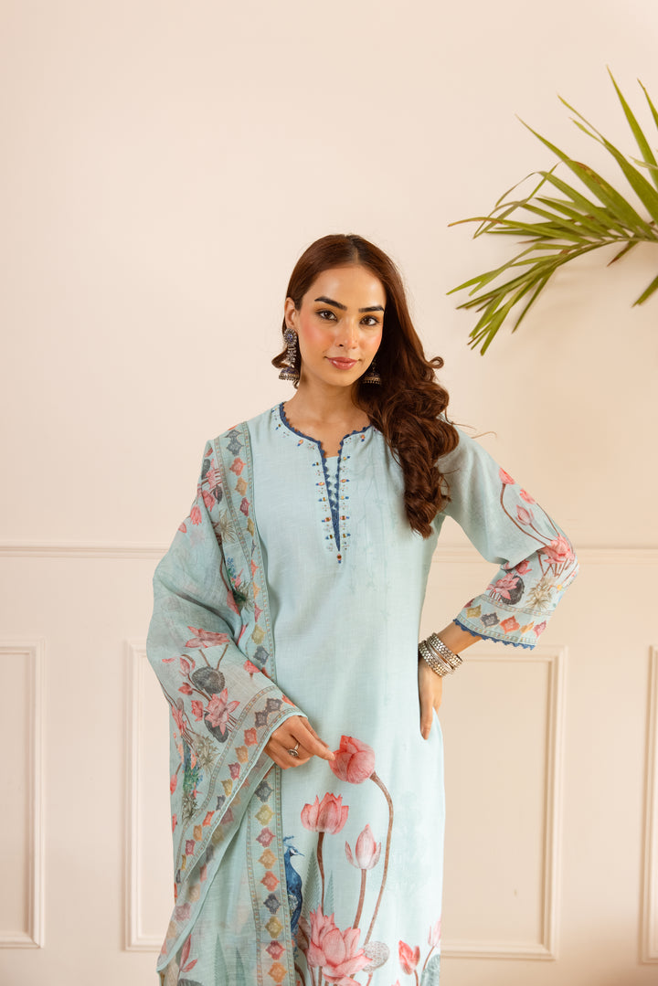 Nehamta Women's Light Green Natural Linen Kurta With Palazzo & Dupatta set