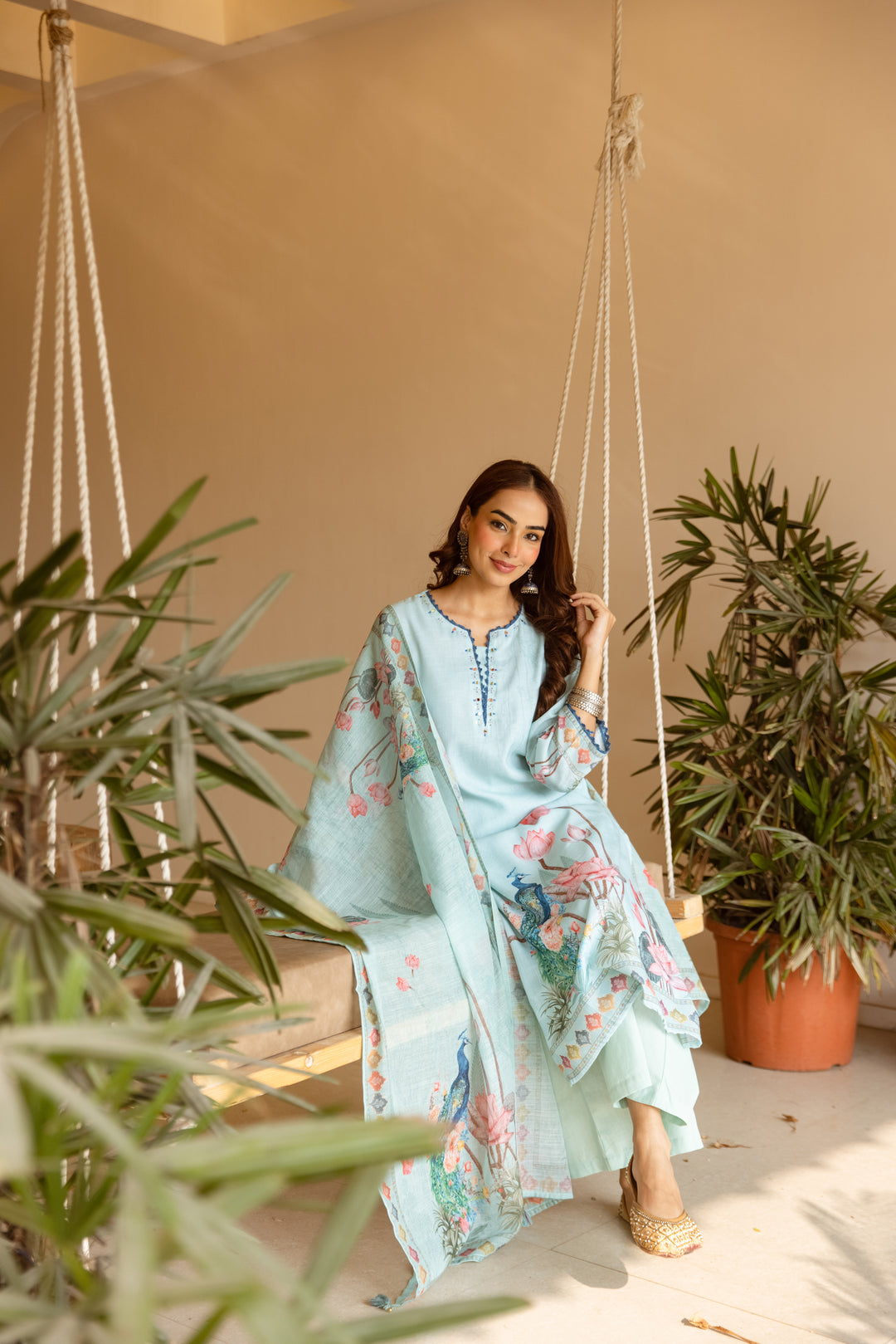 Nehamta Women's Light Green Natural Linen Kurta With Palazzo & Dupatta set