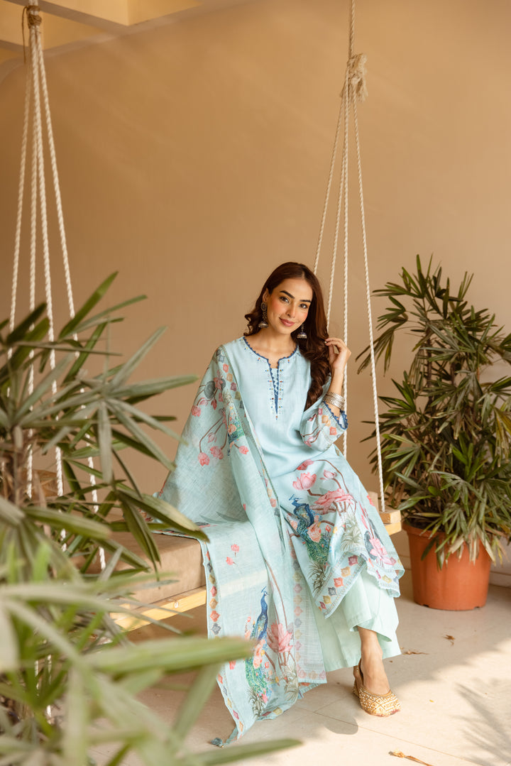 Nehamta Women's Light Green Natural Linen Kurta With Palazzo & Dupatta set