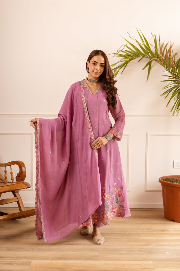 Nehamta Women's Pink Mulmul Chanderi Kurta With Pant & Dupatta set