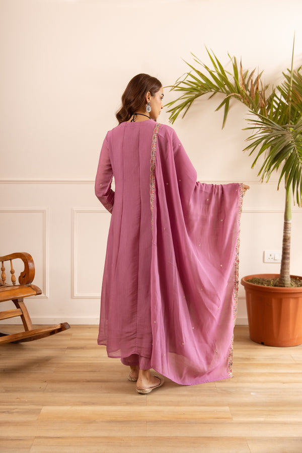 Nehamta Women's Pink Mulmul Chanderi Kurta With Pant & Dupatta set