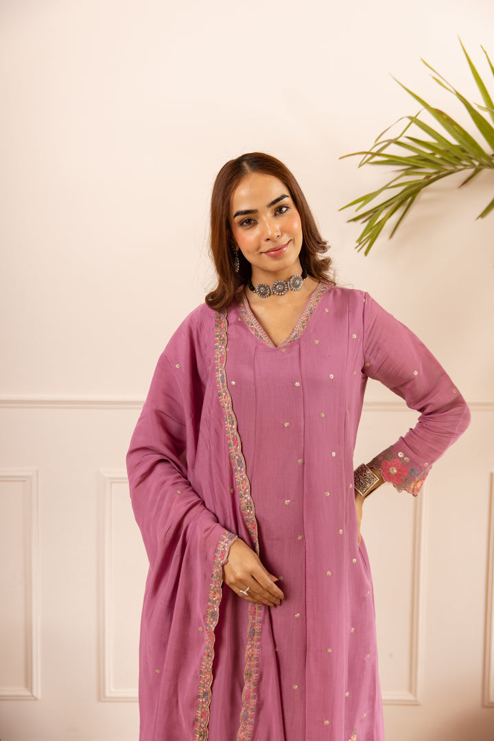 Nehamta Women's Pink Mulmul Chanderi Kurta With Pant & Dupatta set