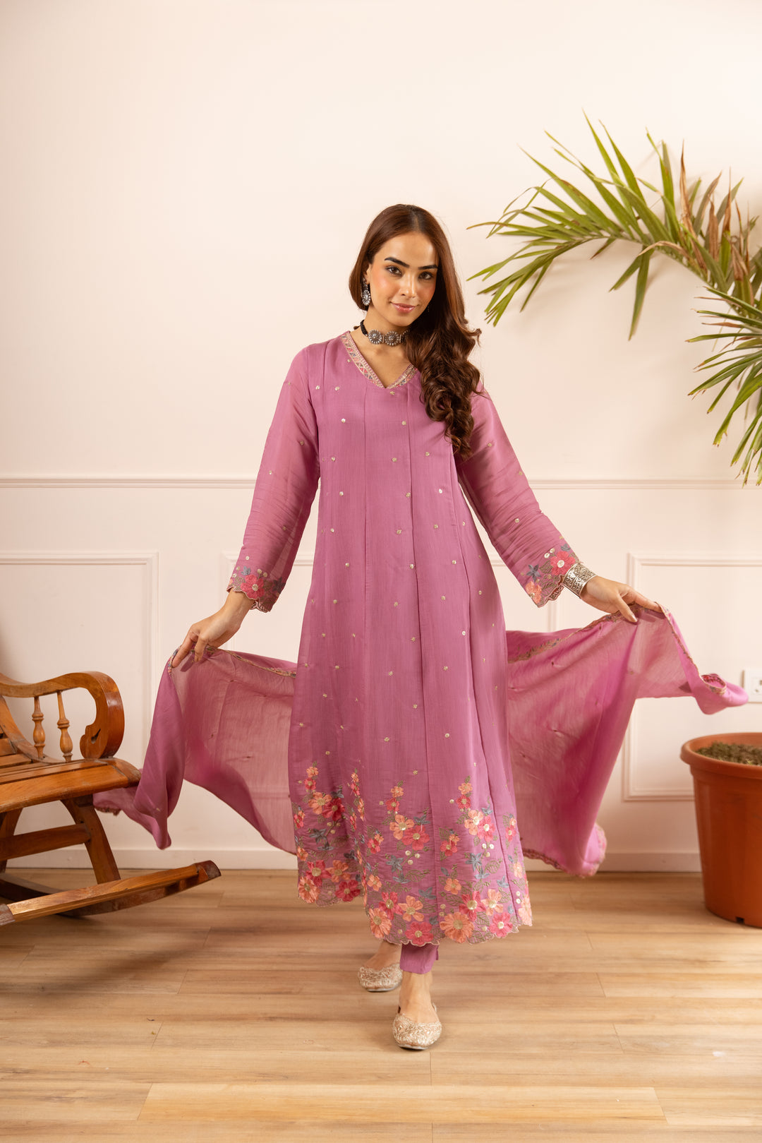 Nehamta Women's Pink Mulmul Chanderi Kurta With Pant & Dupatta set