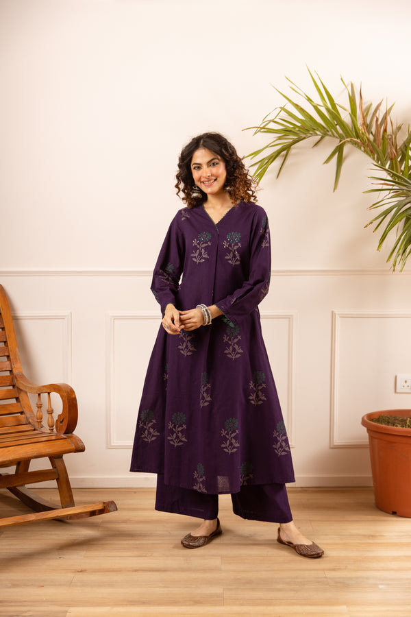 Nehamta Women's Dark Purple Cotton Flex Kurta With Palazzo set