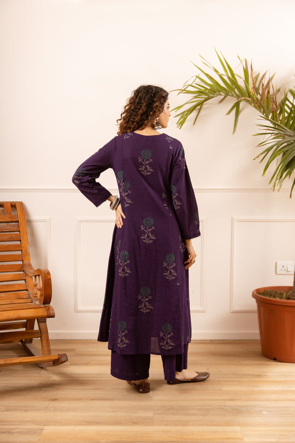 Nehamta Women's Dark Purple Cotton Flex Kurta With Palazzo set