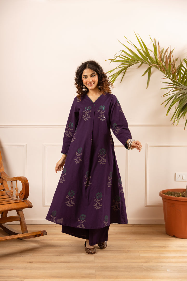 Nehamta Women's Dark Purple Cotton Flex Kurta With Palazzo set