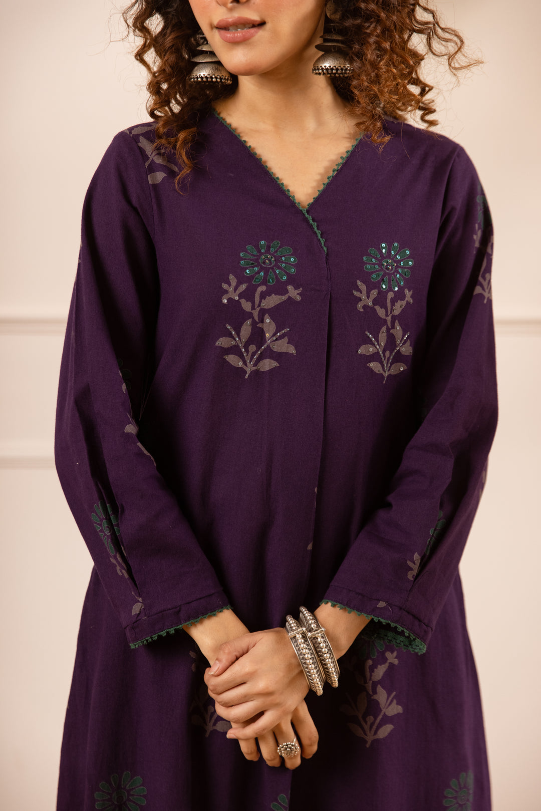 Nehamta Women's Dark Purple Cotton Flex Kurta With Palazzo set