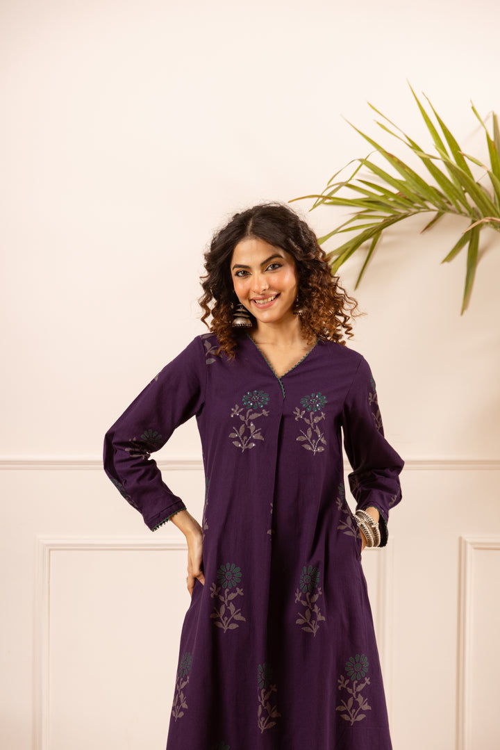 Nehamta Women's Dark Purple Cotton Flex Kurta With Palazzo set