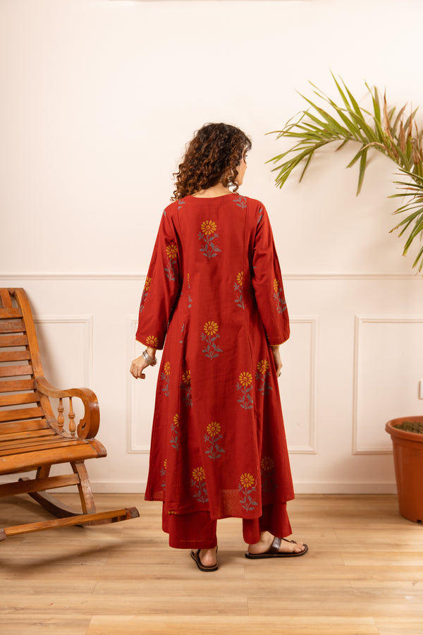 Nehamta Women's Red Cotton Flex Kurta With Palazzo set