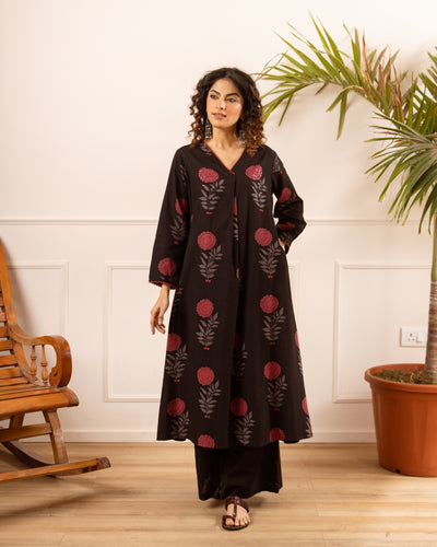 Nehamta Women's Black Cotton Flex Kurta With Palazzo set