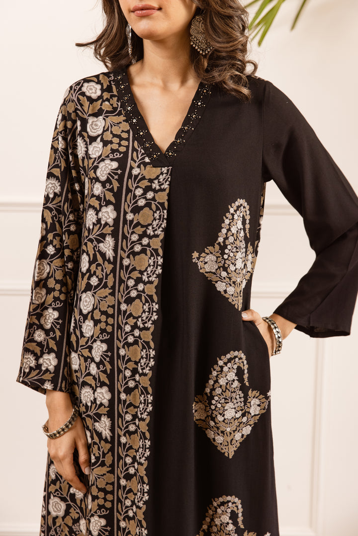 Nehamta Women's Black Rayon Kurta & Palazzo Set