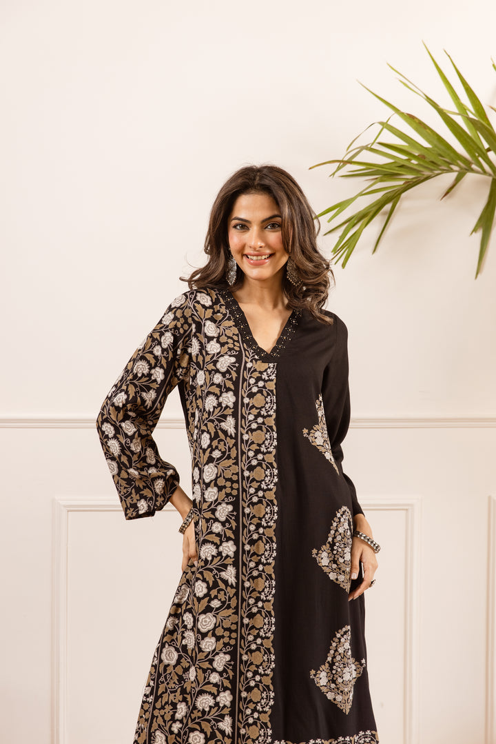 Nehamta Women's Black Rayon Kurta & Palazzo Set