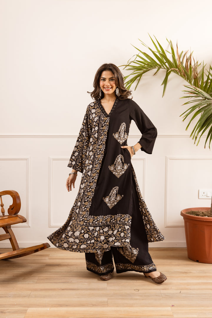 Nehamta Women's Black Rayon Kurta & Palazzo Set