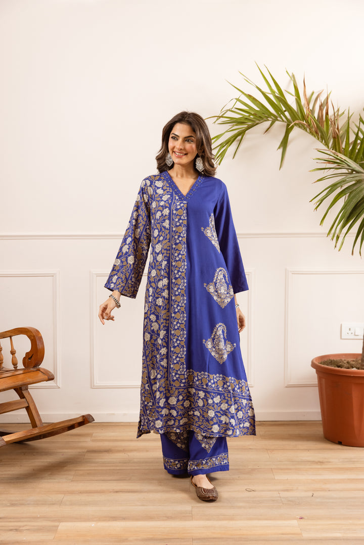 Nehamta Women's Blue Rayon Kurta & Palazzo Set
