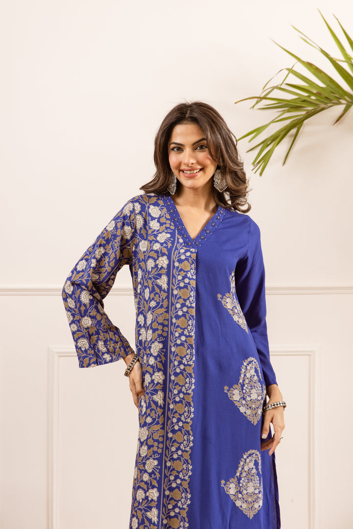 Nehamta Women's Blue Rayon Kurta & Palazzo Set