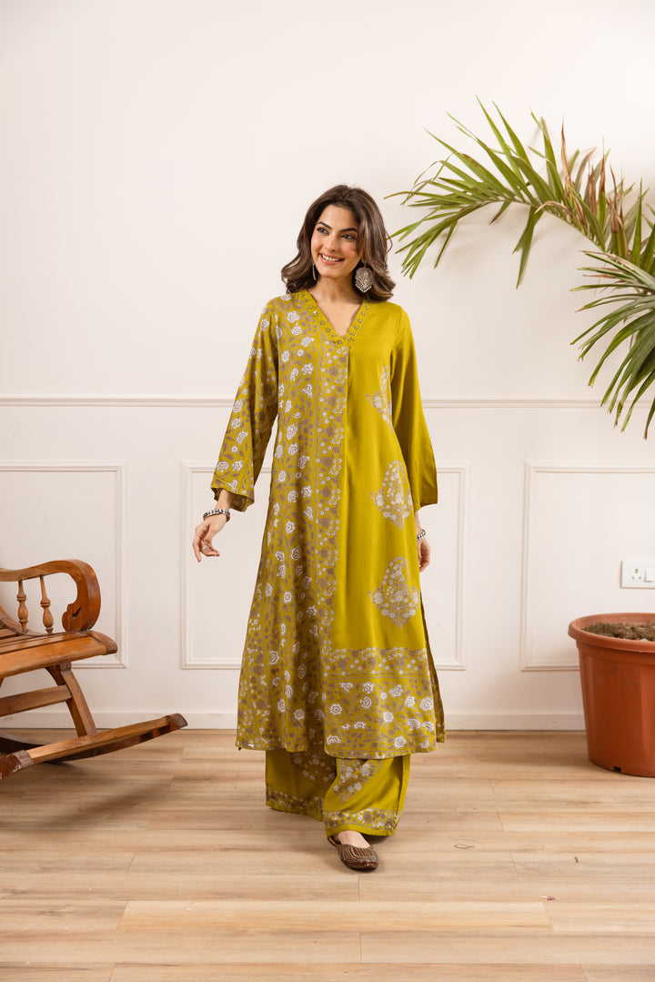 Nehamta Women's Mustard Rayon Kurta & Palazzo Set