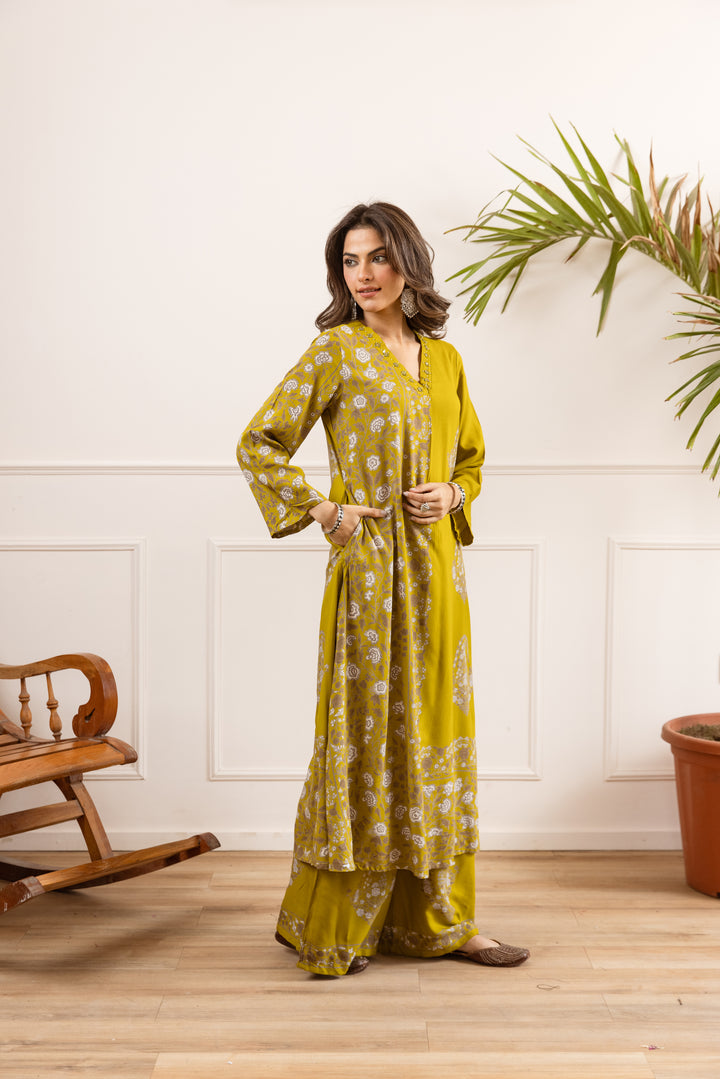 Nehamta Women's Mustard Rayon Kurta & Palazzo Set