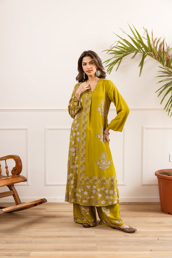 Nehamta Women's Mustard Rayon Kurta & Palazzo Set