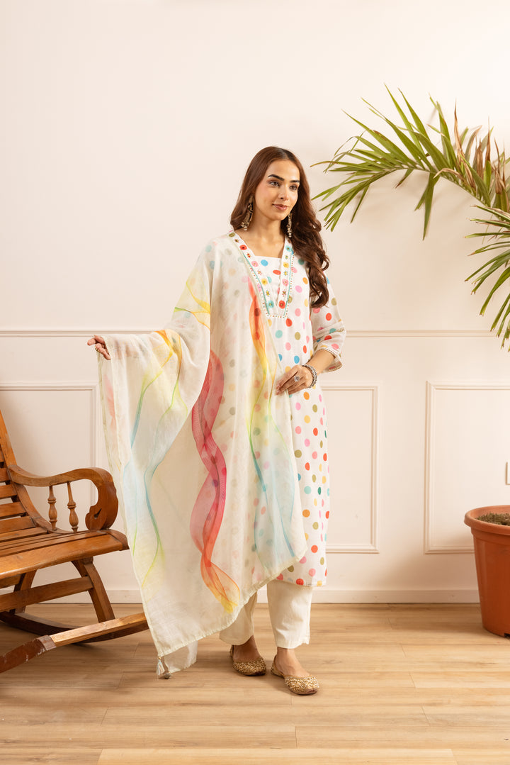 Nehamta Women's White Linen Kurta with Pant & Dupatta