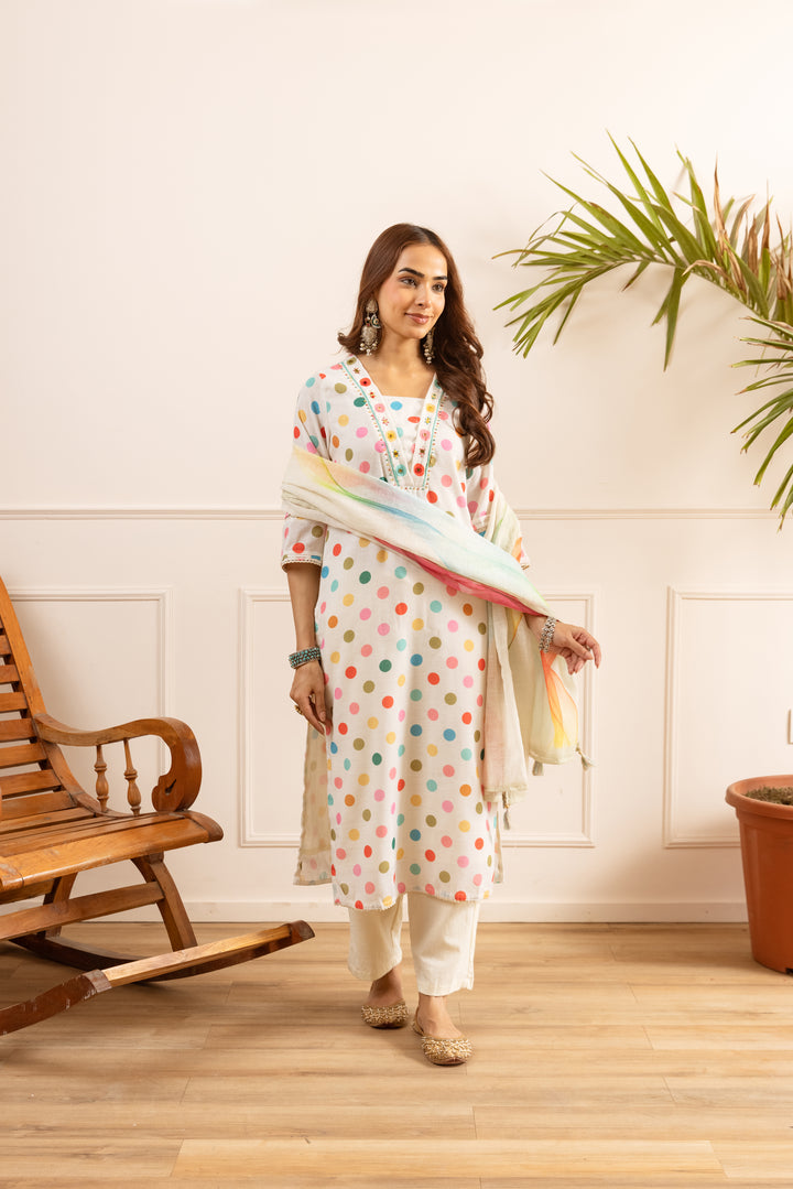 Nehamta Women's White Linen Kurta with Pant & Dupatta