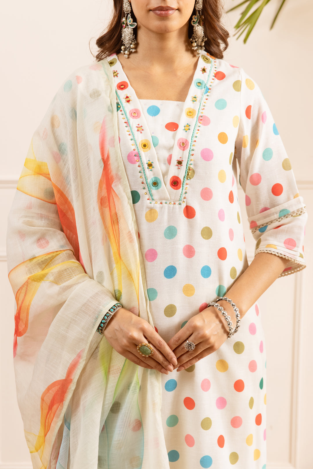 Nehamta Women's White Linen Kurta with Pant & Dupatta