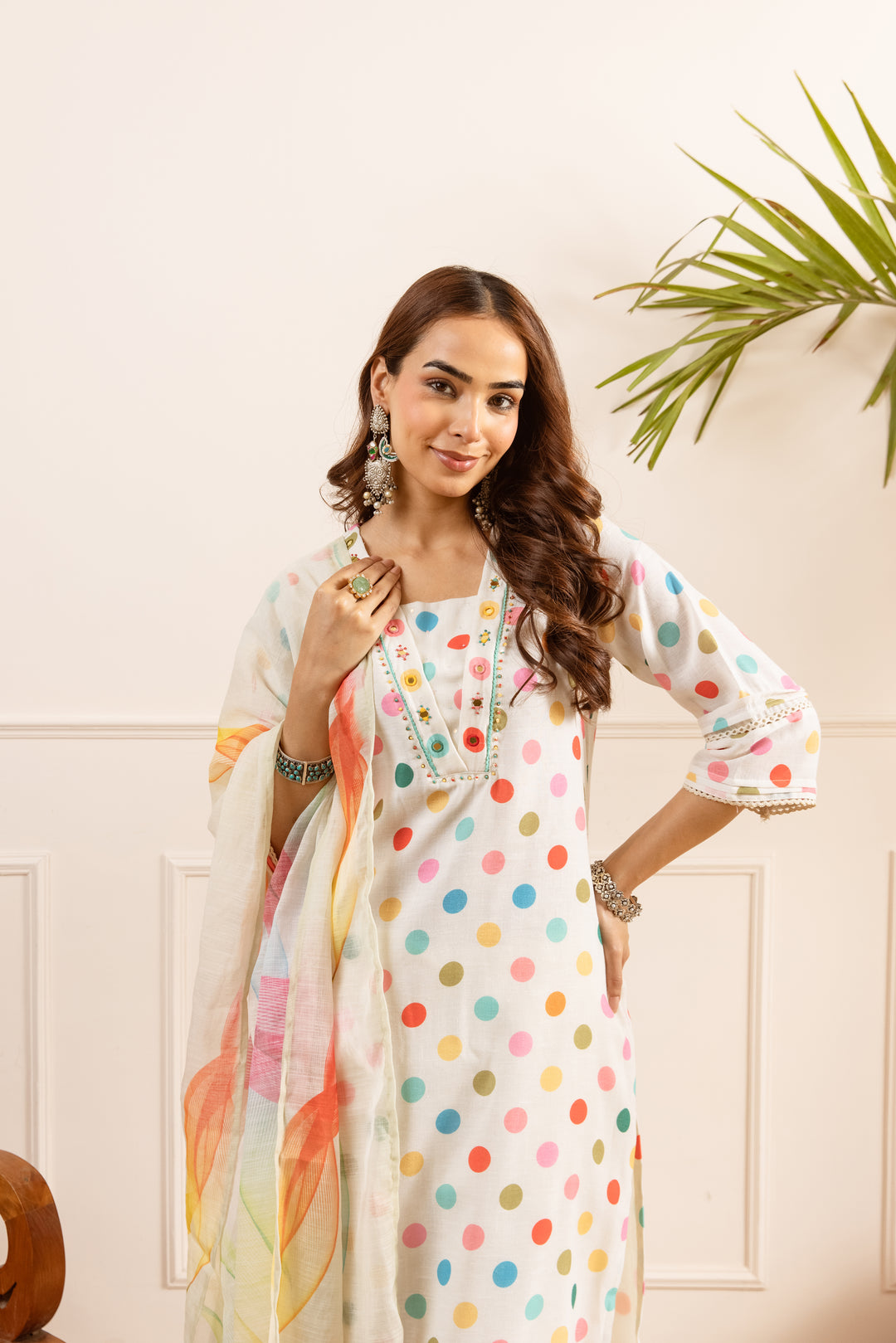 Nehamta Women's White Linen Kurta with Pant & Dupatta