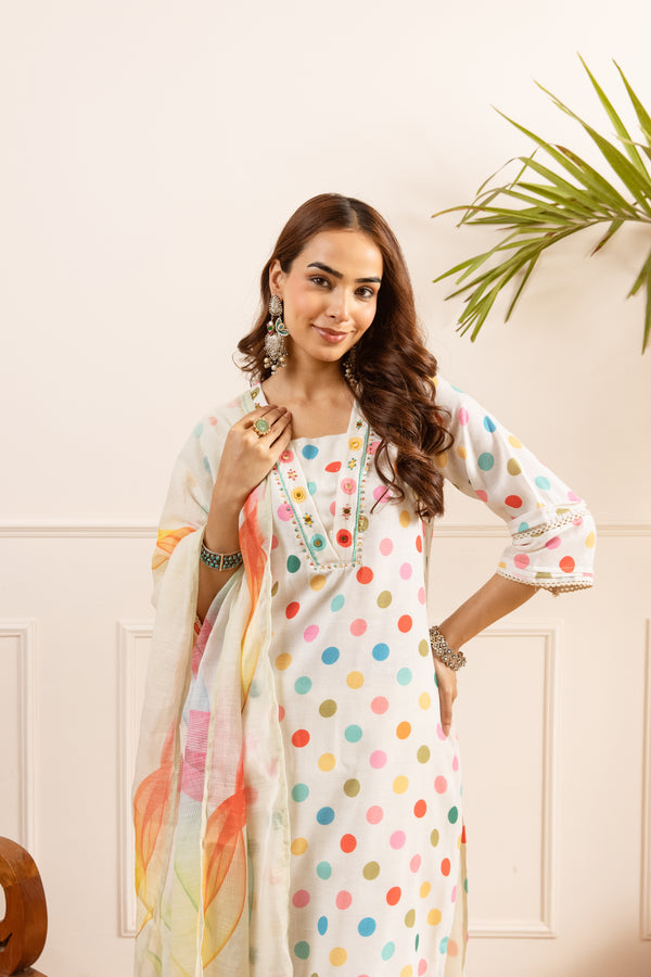 Nehamta Women's White Linen Kurta with Pant & Dupatta