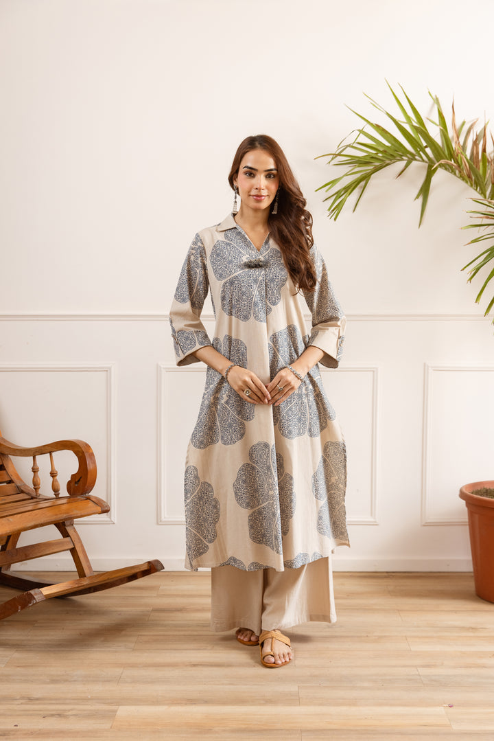 Nehamta Women's Beige Cotton Blend Kurta & Palazzo Set