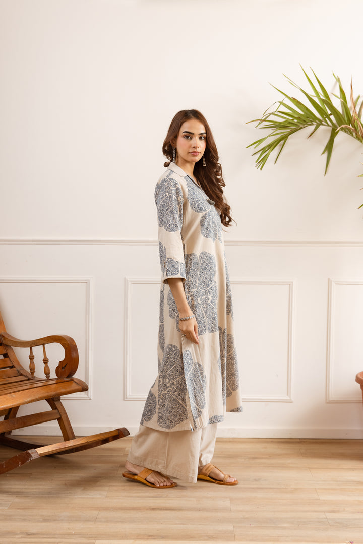Nehamta Women's Beige Cotton Blend Kurta & Palazzo Set