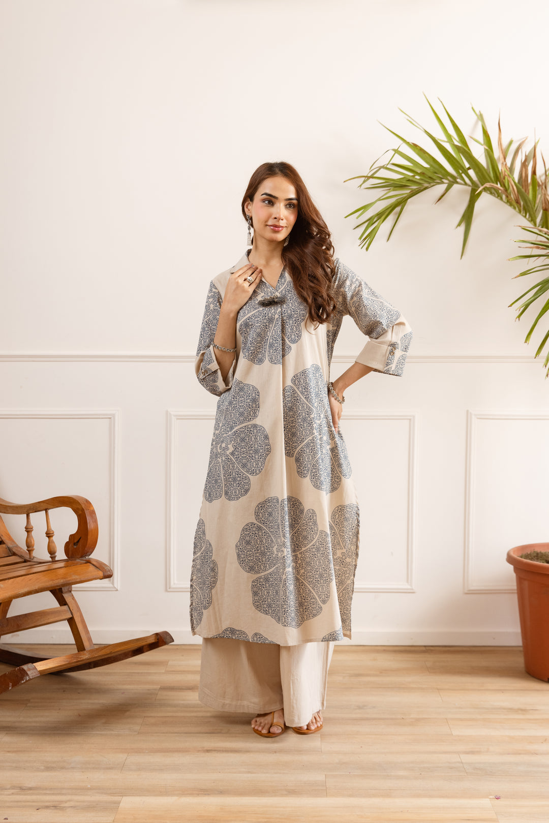 Nehamta Women's Beige Cotton Blend Kurta & Palazzo Set