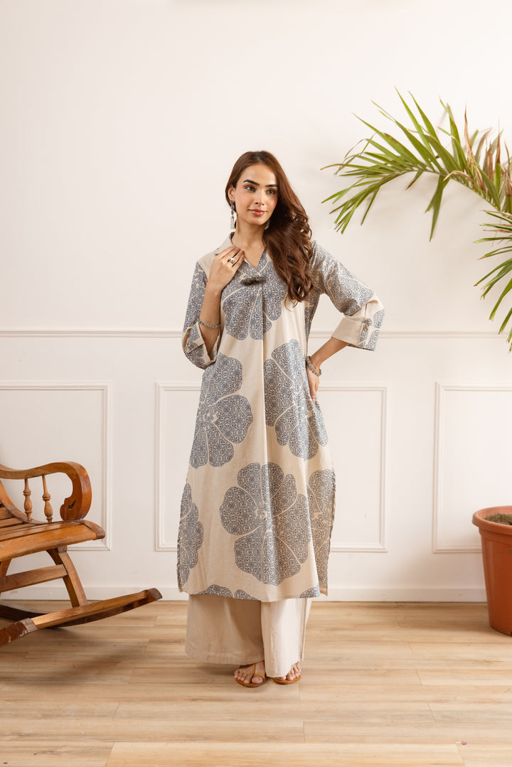 Nehamta Women's Beige Cotton Blend Kurta & Palazzo Set