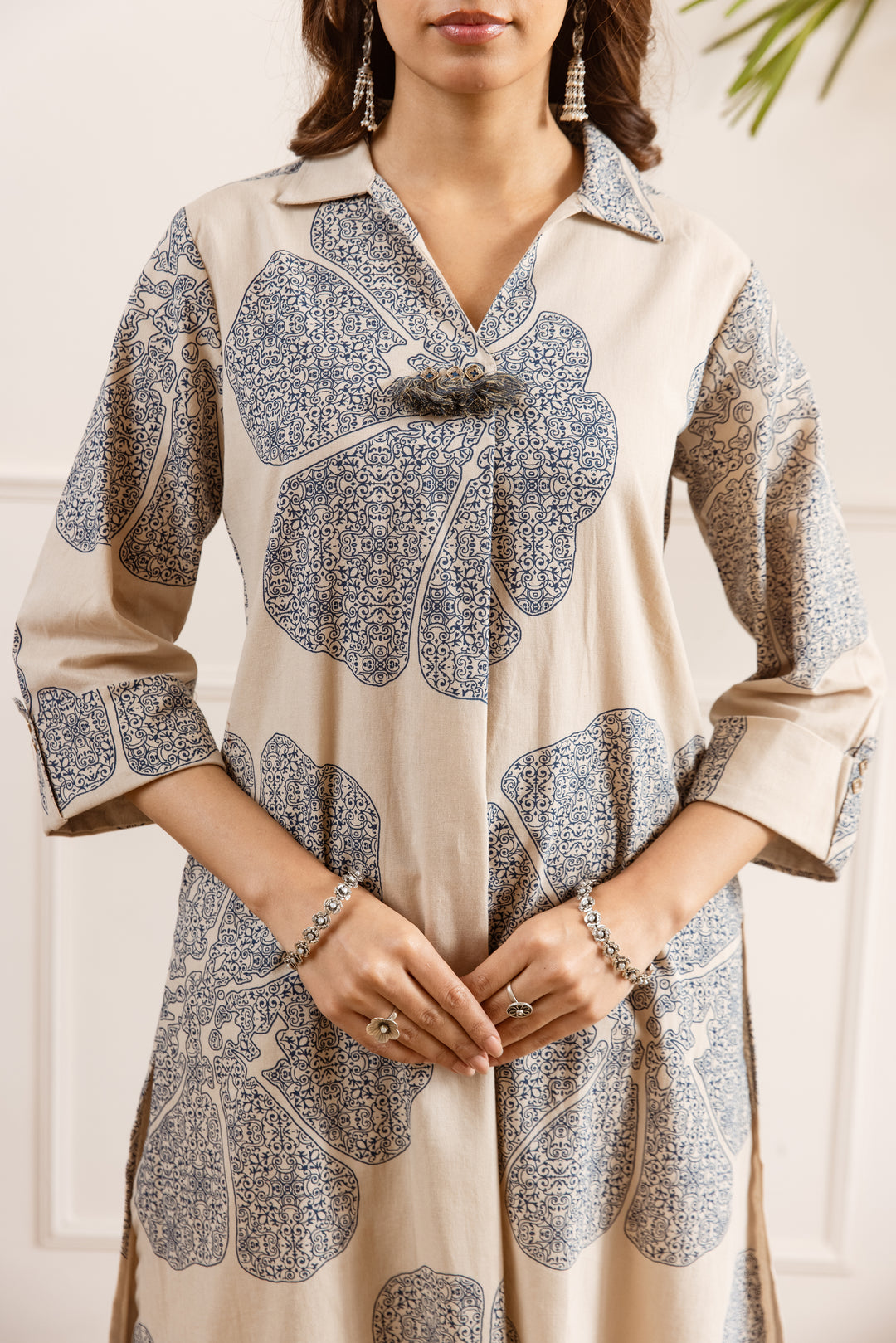 Nehamta Women's Beige Cotton Blend Kurta & Palazzo Set