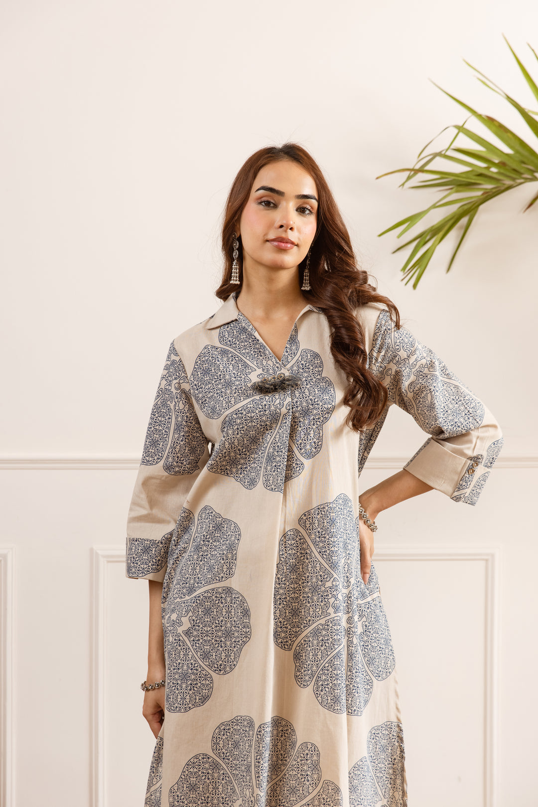 Nehamta Women's Beige Cotton Blend Kurta & Palazzo Set