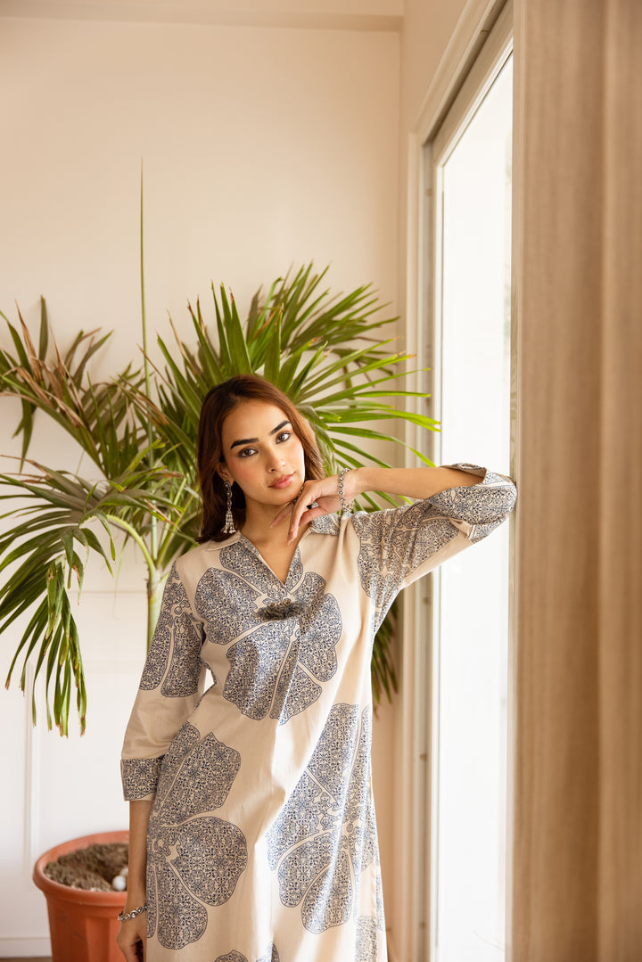 Nehamta Women's Beige Cotton Blend Kurta & Palazzo Set