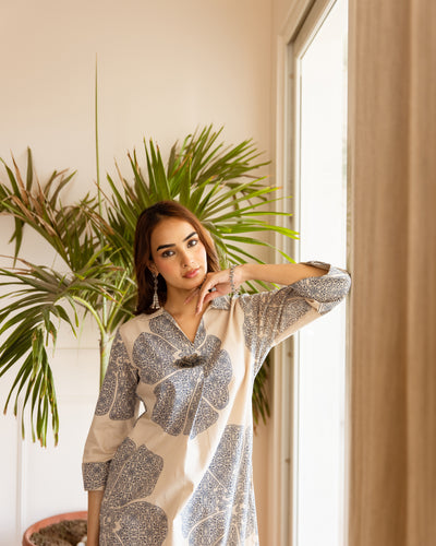 Nehamta Women's Beige Cotton Blend Kurta & Palazzo Set