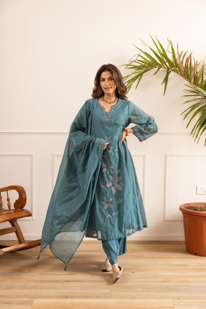Nehamta Women's Teal Chanderi Cotton Kurta with Pant & Dupatta