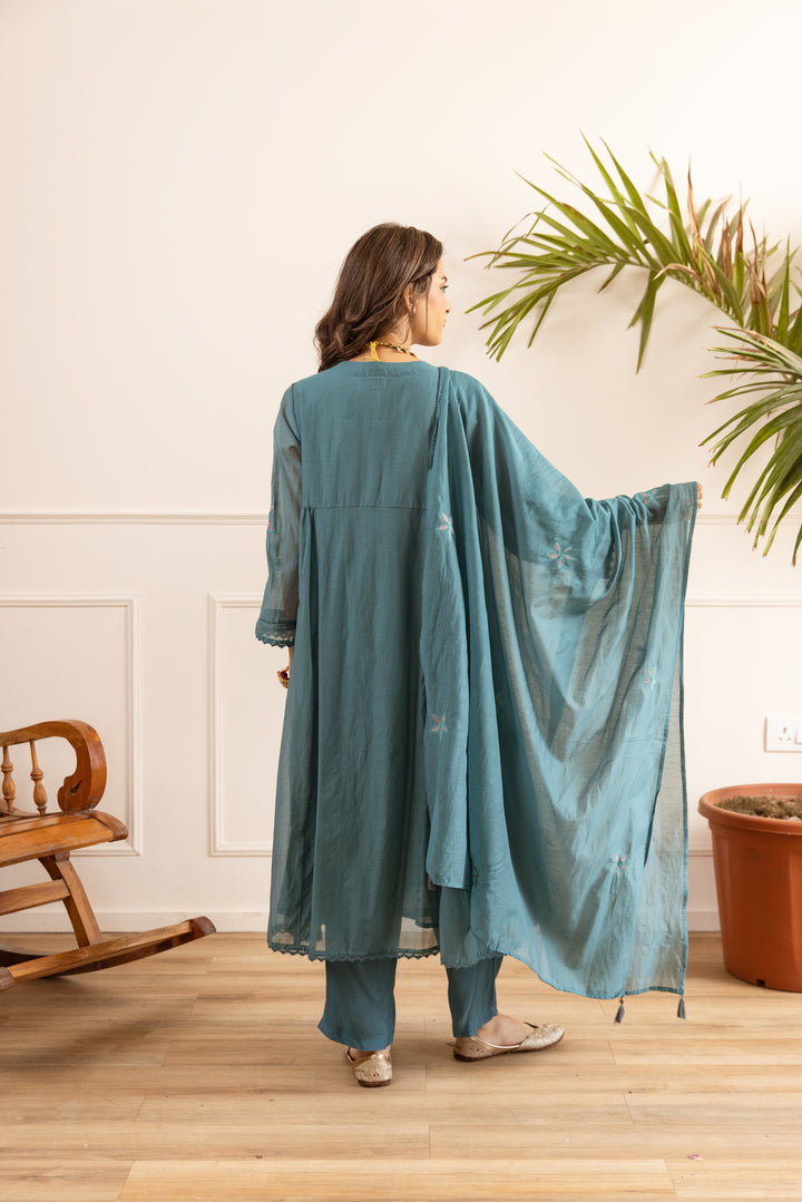 Nehamta Women's Teal Chanderi Cotton Kurta with Pant & Dupatta
