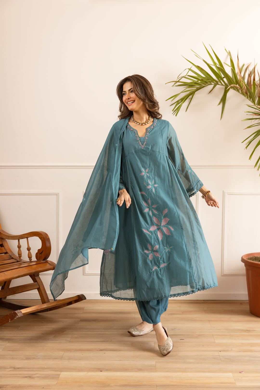 Nehamta Women's Teal Chanderi Cotton Kurta with Pant & Dupatta